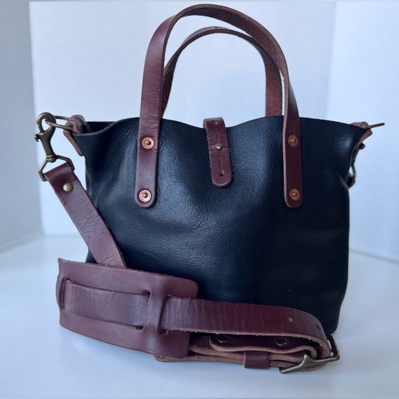 Go Forth Goods Avery Leather Tote Bag Mini Crossbody Color Block - Picture 4 of 15
